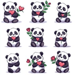 Obraz premium Cute Panda Holding Red Heart and Rose Cartoon Characters