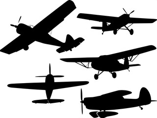 "Vector art of multiple airplane types in silhouette form, including gliders, military jets, and single-engine planes, monochrome black on white."