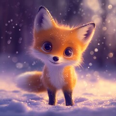 Fototapeta premium Cute Cartoon Fox Standing in Snowy Winter Landscape with Bokeh Lights