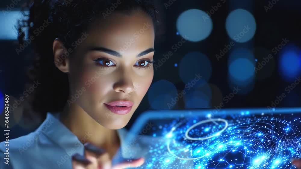 Poster female scientist analyzing digital holographic data, working late in high tech laboratory, interacti