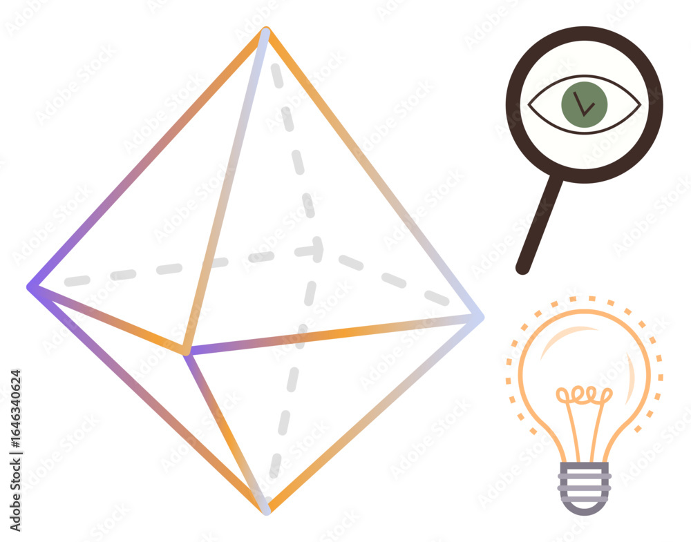 Poster triangular geometric structure with gradient lines, magnifying glass over an eye, and glowing light 