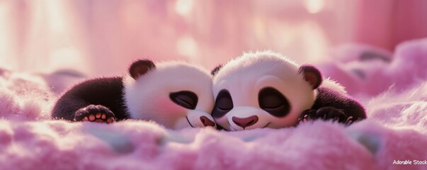 Two Sleeping Panda Cubs Lying on Soft Pink Blanket