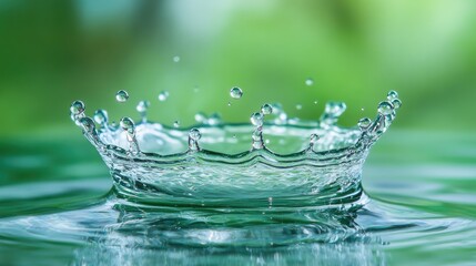 Water Crown: A stunning macro shot captures a pristine water droplet, frozen mid-splash, forming a perfect crown against the backdrop of lush greenery, creating a sense of refreshing purity.