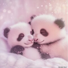 Sleeping Baby Pandas Cuddling on Soft Blanket in Dreamy Pink Light