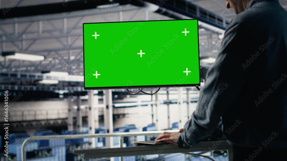 Poster it expert monitors server farm activity using green screen workstation. data center system administr