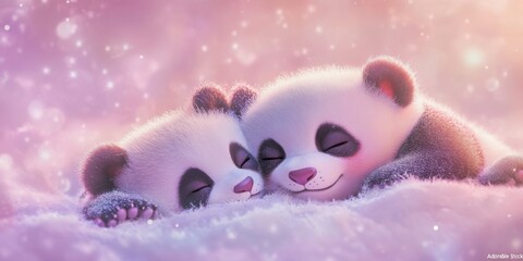 Sleeping Panda Cubs Fluffy White and Pink, Soft Lighting