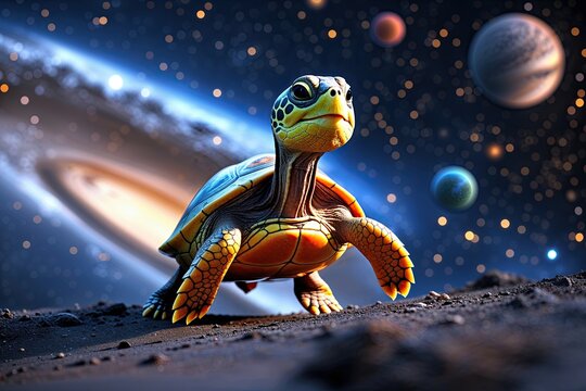 Journey of a Playful Orange Turtle in a Starry Universe Adventure