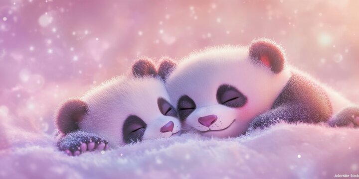 Sleeping Panda Cubs Fluffy White and Pink, Soft Lighting - Powered by Adobe