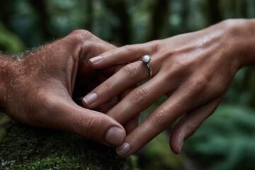 Close-up of two hands, one adorned with a sparkling engagement ring, gently touching in a lush green forest, symbolizing love and connection in nature's embrace