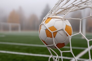 Soccer ball caught in the net of a goalpost on a foggy day, showcasing the vibrant colors and textures of the ball, with a blurred field in the background