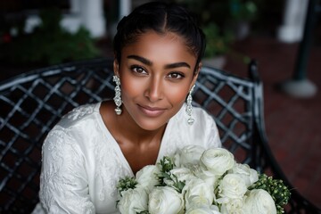 South Asian woman wearing elegant attire, holding a bouquet of white roses, seated on a decorative bench, showcasing beauty and grace in a serene outdoor setting with lush greenery