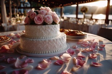 Elegant wedding cake adorned with pink roses sits on a beautifully set table, surrounded by rose petals, capturing the essence of a romantic celebration with soft lighting