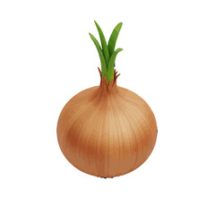 Detailed vector illustration of a whole brown onion with fresh green sprouts growing from the top.