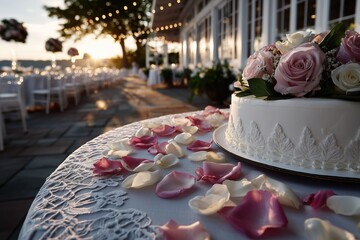 Elegant wedding cake adorned with pink and white roses, surrounded by delicate rose petals on a beautifully set outdoor table, capturing a romantic celebration atmosphere