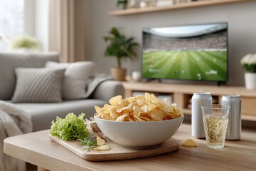 Bowl of crispy potato chips on wooden table with fresh lettuce, soft drinks, and a television showing a sports game in a cozy living room setting for entertainment