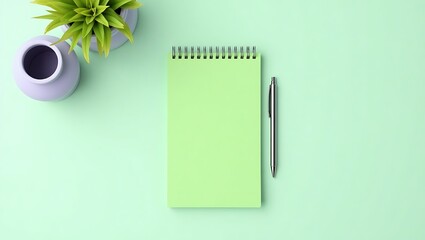 Minimalist workspace with green notebook and plant