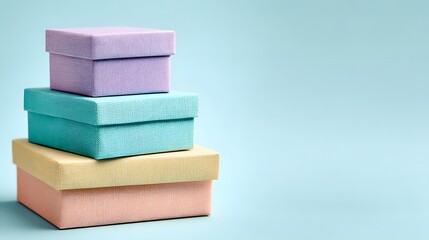 Stack of pastel-colored gift boxes against a light-blue background.