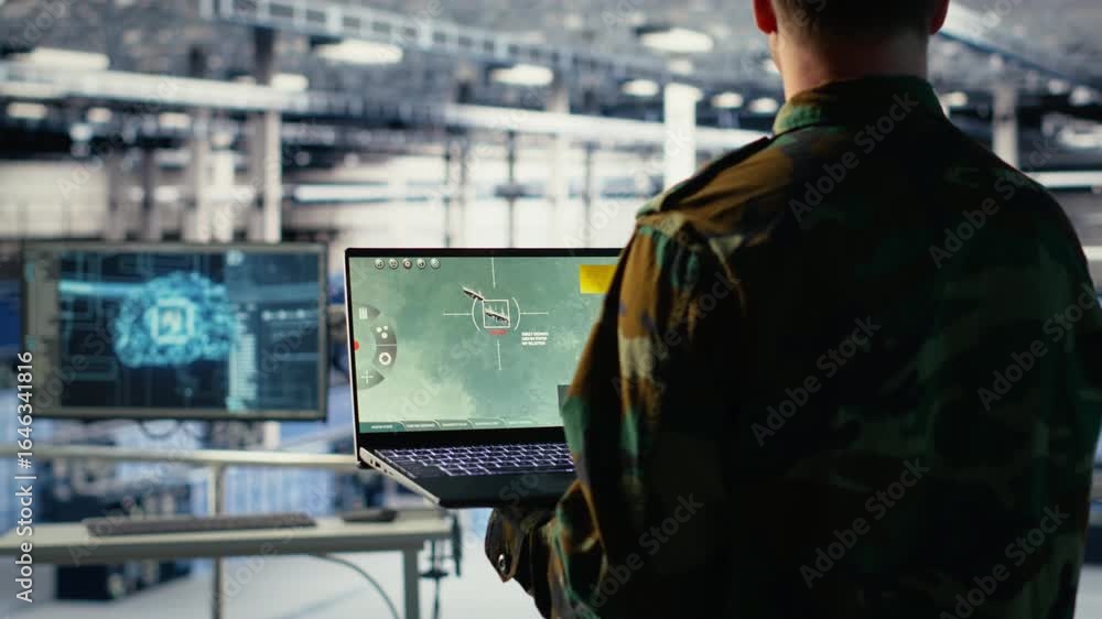 Poster army specialist in data center integrating ai into radar systems for missile tracking. military sold