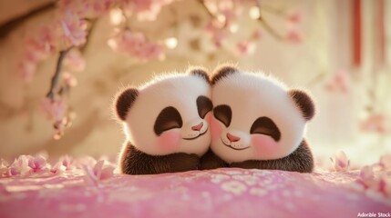 Two Cute Panda Cubs Snuggling Amidst Pink Cherry Blossoms in Soft Light