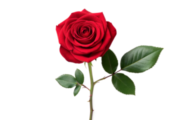 Vibrant single red rose in full bloom, elegantly isolated on a pristine white background, embodying timeless love, passion, natural beauty, ideal for romantic design.