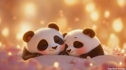 Cute Sleeping Pandas Cuddling in Soft Pink Bed with Golden Bokeh