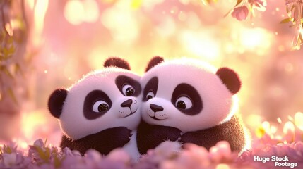 Animated Panda Bears Hugging in Warm Light with Pink Flowers