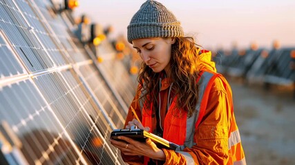 Female engineer checking solar panel performance, analyzing renewable energy data on tablet amid expansive photovoltaic installation, representing green technology innovation - Powered by Adobe