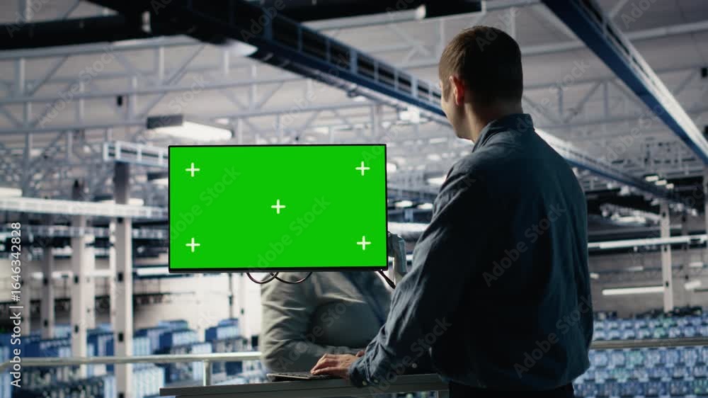 Poster server farm technician using green screen computer to scan hardware rigs for issues. data center it 