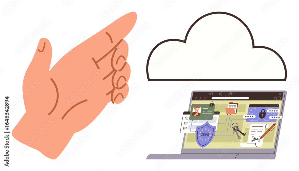 Poster hand gesture symbolizing access approval, cloud element, laptop screen with shield, lock, document i