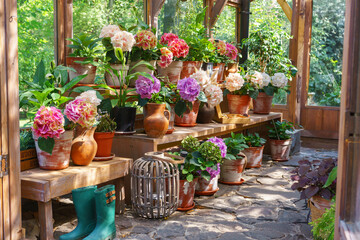 Charming wooden greenhouse with blooming potted hydrangeas and vibrant green plants, surrounded by...