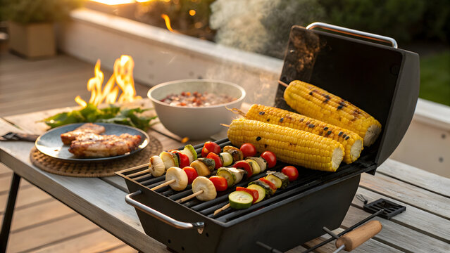Grilled corn on the cob and savory skewers sizzling on a sleek portable barbecue, set up on a backyard patio at golden hour.