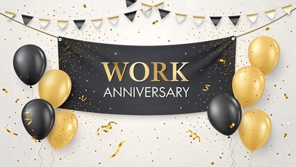 Congratulatory Work Business Anniversary Banner with Balloons in Golden and Black Colors