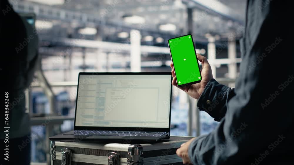Poster server room software developer using mockup phone while waiting for updates to finish installing. da