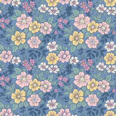 Trendy floral pattern in small abstract flowers. Liberty style. Pink, yellow and white flowers. Floral seamless background for fashion prints. Vintage print. Seamless vector texture. Spring bouquet.
