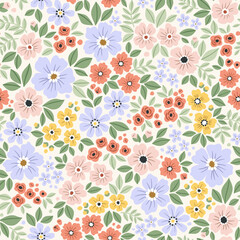 Vector seamless pattern. Vintage pattern in small flowers. Small pastel colors flowers. White background. Ditsy floral background. Delicate Easter template for fashion textile prints. Stock vector.
