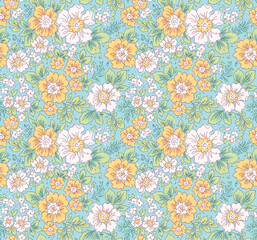 Seamless floral pattern. Cute field of flowers of small flowers and green leaves. Light flowers on blue background in yellow and white spring vintage print. Stock vector for vintage prints on surface.