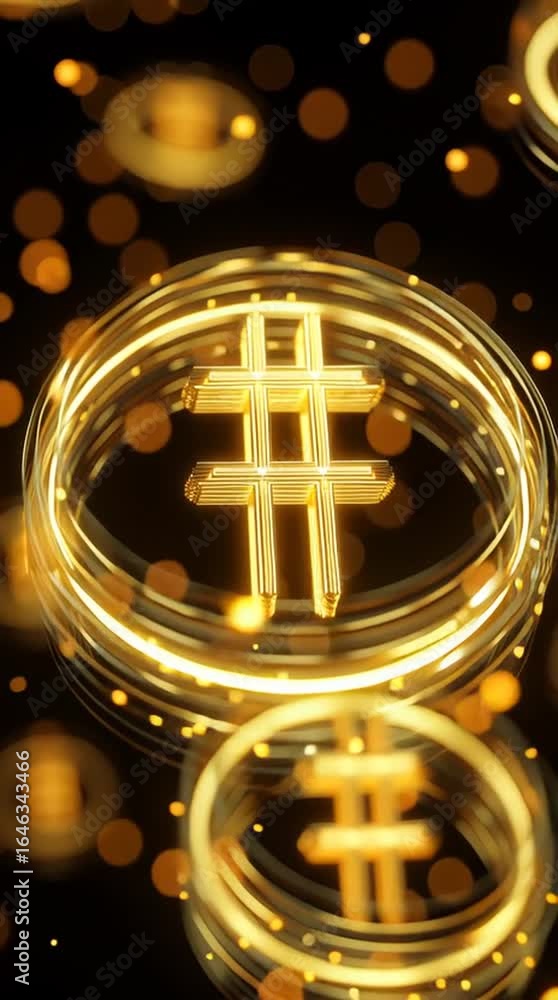 Aufkleber digital gold aura: glimmering digital coins with the symbol of hash mark on a black background, crea