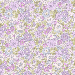 Seamless floral pattern. Cute bouquet of small light pastel lilac color flowers. Light flowers on gray background in trendy fashion vintage liberty style. Stock vector for prints on surface. Ditsy top