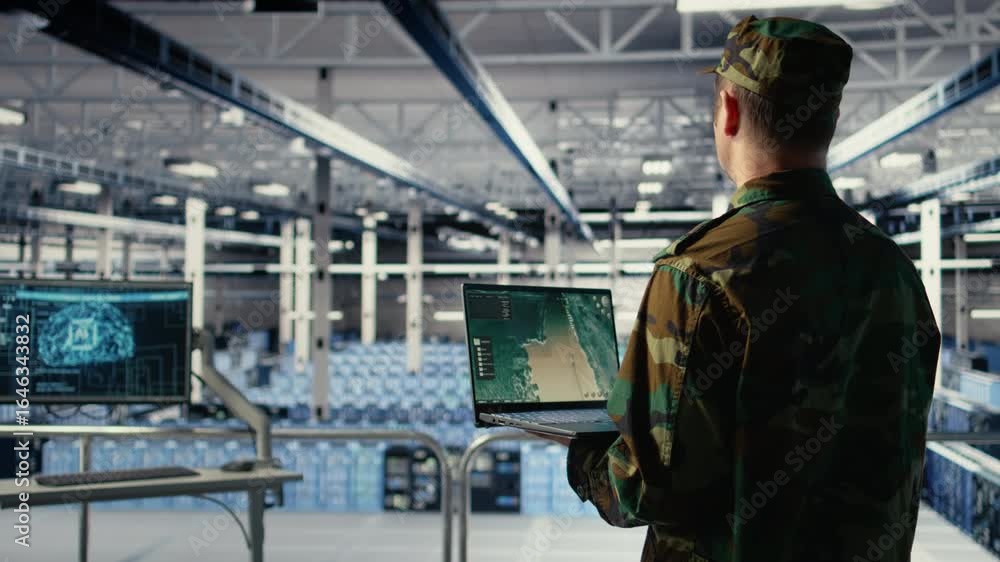 Poster military data center expert using ballistic missiles radar on laptop to watch for enemy threats. arm