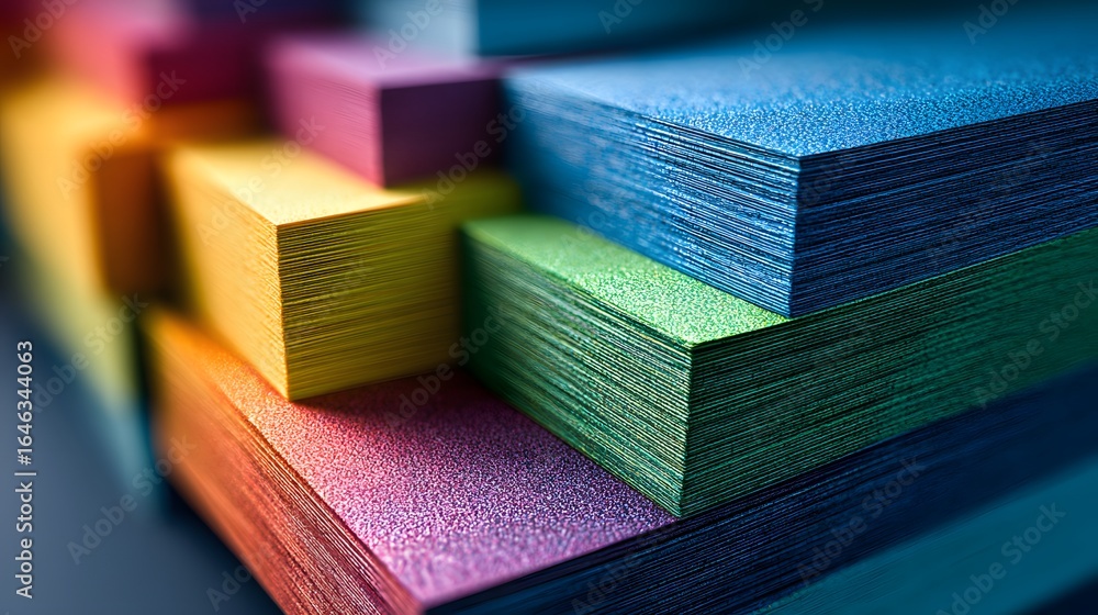 Poster close-up view of colorful stacked sheets of paper.