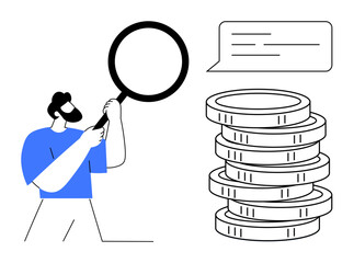 Person holding magnifying glass inspects coin stack with text bubble above. Ideal for finance, economy, investment, data analysis, market research, business insight, simple flat metaphor