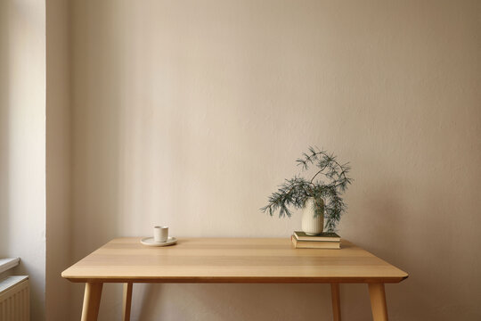 Christmas home decor. Minimalist wooden table against neutral beige wall. Cup of coffee, stack of books, vase with green pine tree branches. Cozy, stylish living room, Scandinavian interior scene.
