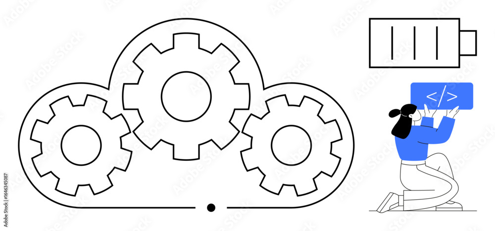 Poster cloud structure with interconnected gears, battery icon symbolizing energy, and person working on co