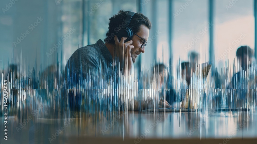 Poster medium shot capturing a designer analyzing voice command data on a laptop screen with the surroundin