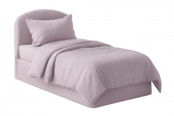 Pink single bed featuring soft linen bedding, complementing youth bedroom decor, positioned against transparent background