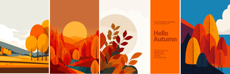 Vibrant vector illustration of autumn landscapes with colorful trees, falling leaves, and sunset views. Perfect for seasonal designs, nature posters, and fall-themed backgrounds.

