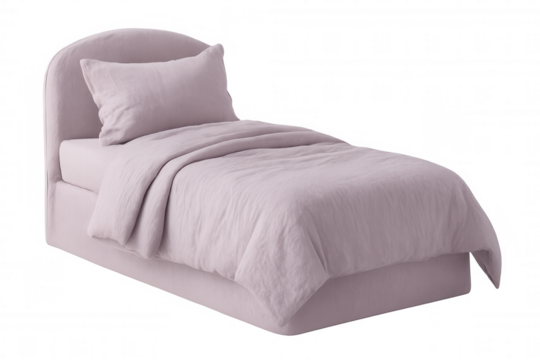 Pink single bed featuring soft linen bedding, complementing youth bedroom decor, positioned against transparent background