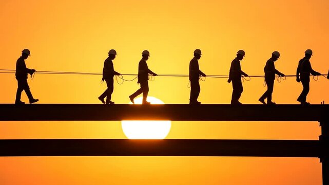 Silhouetted construction workers walking across a high bridge at sunset, teamwork concept.