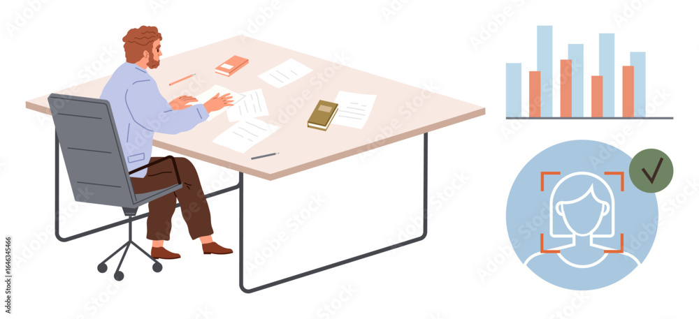 Poster man working at desk reviewing papers, bar graph for data analysis, face identification with verifica