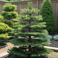 photorealistic small pine with lush spherical shape used for outdoor garden decoration